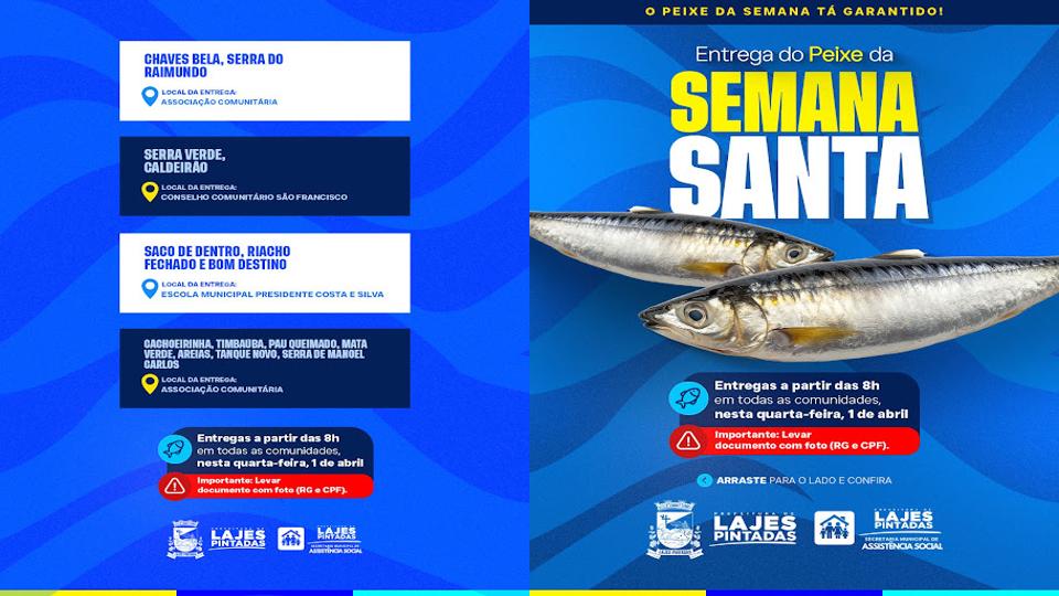 Lajes Pintadas: Prefeitura beneficiará população com distribuição de peixes na Quarta-Feira Santa (1º)